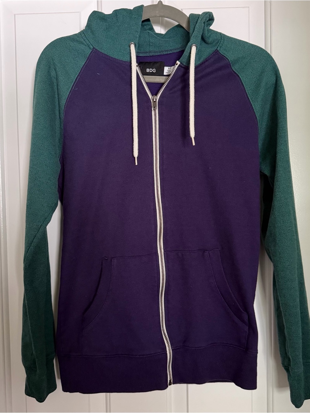 BDG Two-Tone Full-Zip Hoodie in Purple and Teal